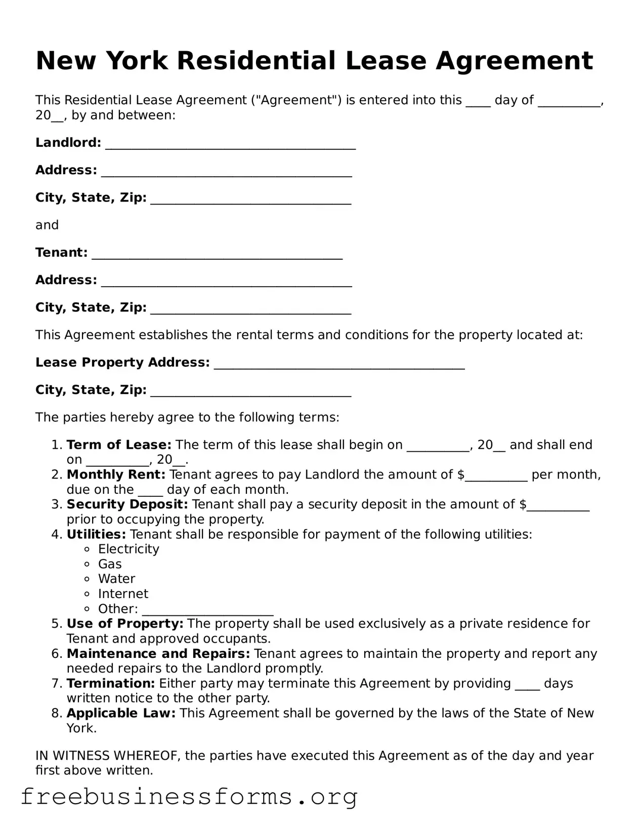 Blank  Residential Lease Agreement Template for New York