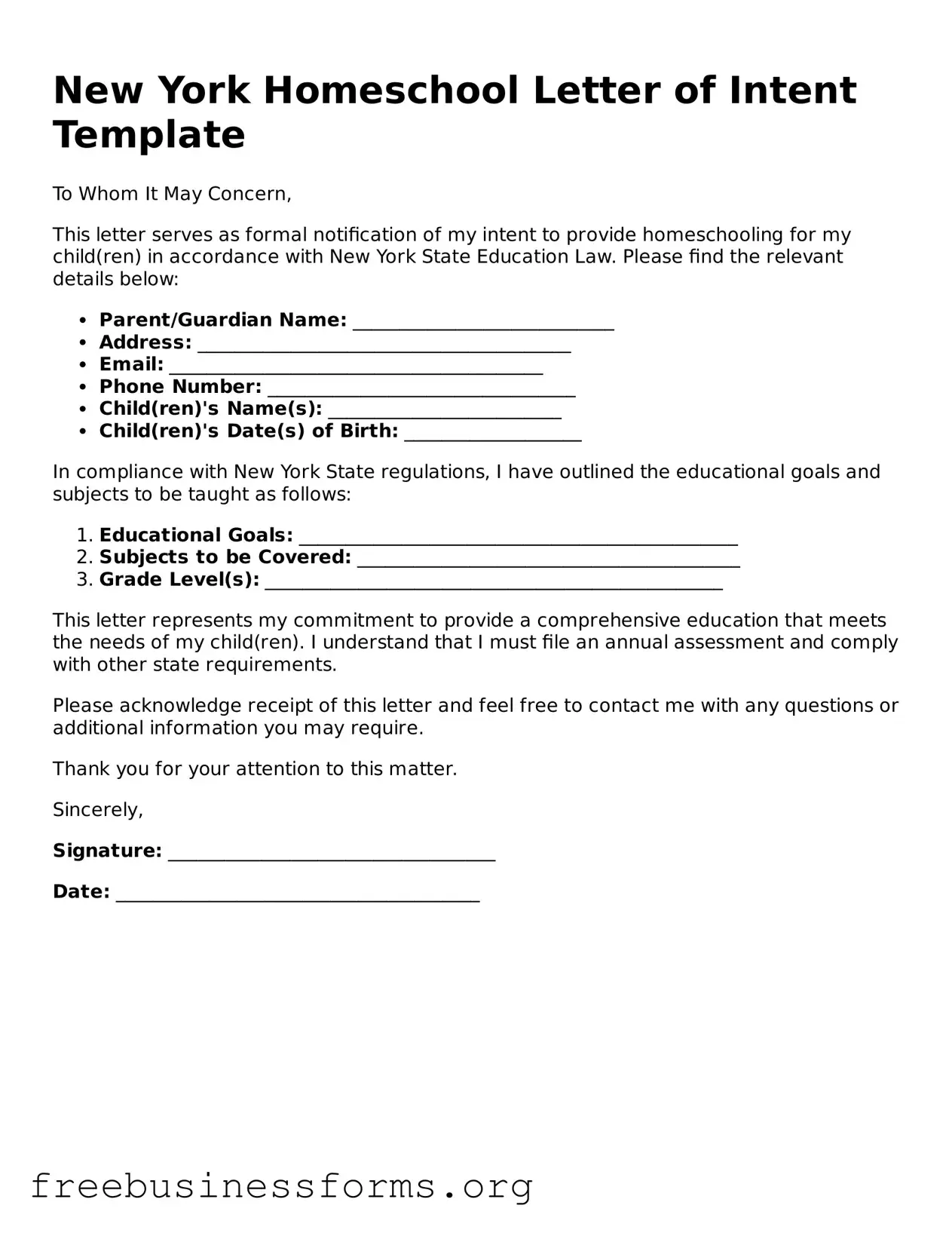 Blank  Homeschool Letter of Intent Template for New York