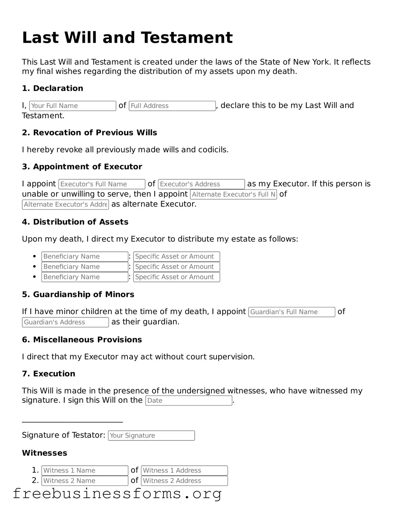 Blank Last Will and Testament Template for New York