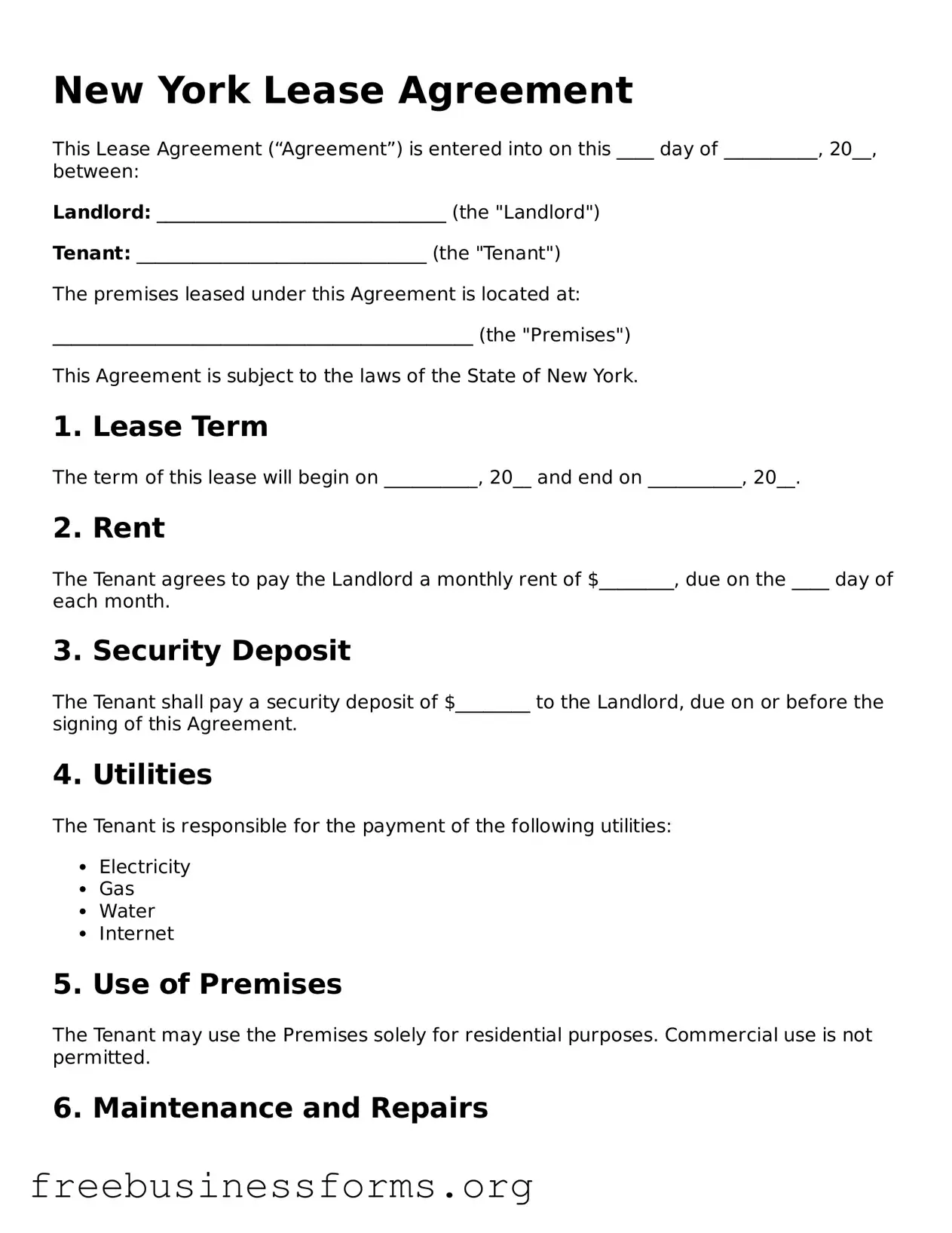 Blank  Lease Agreement Template for New York