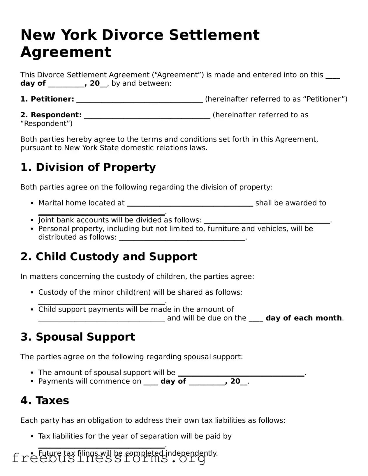 Blank  Divorce Settlement Agreement Template for New York