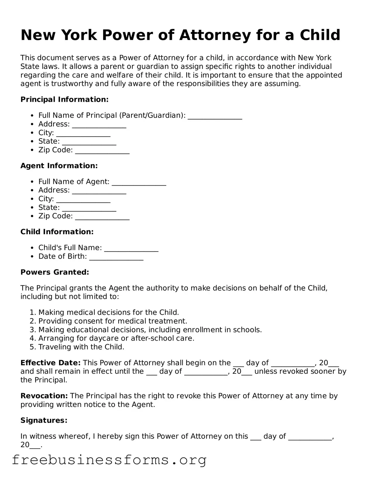 Blank  Power of Attorney for a Child Template for New York
