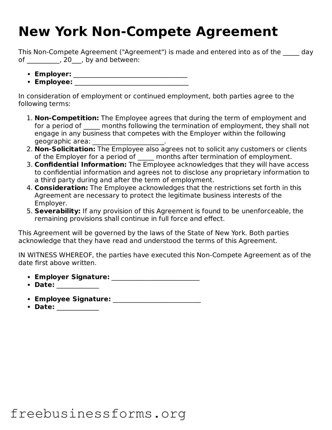 Blank  Non-compete Agreement Template for New York