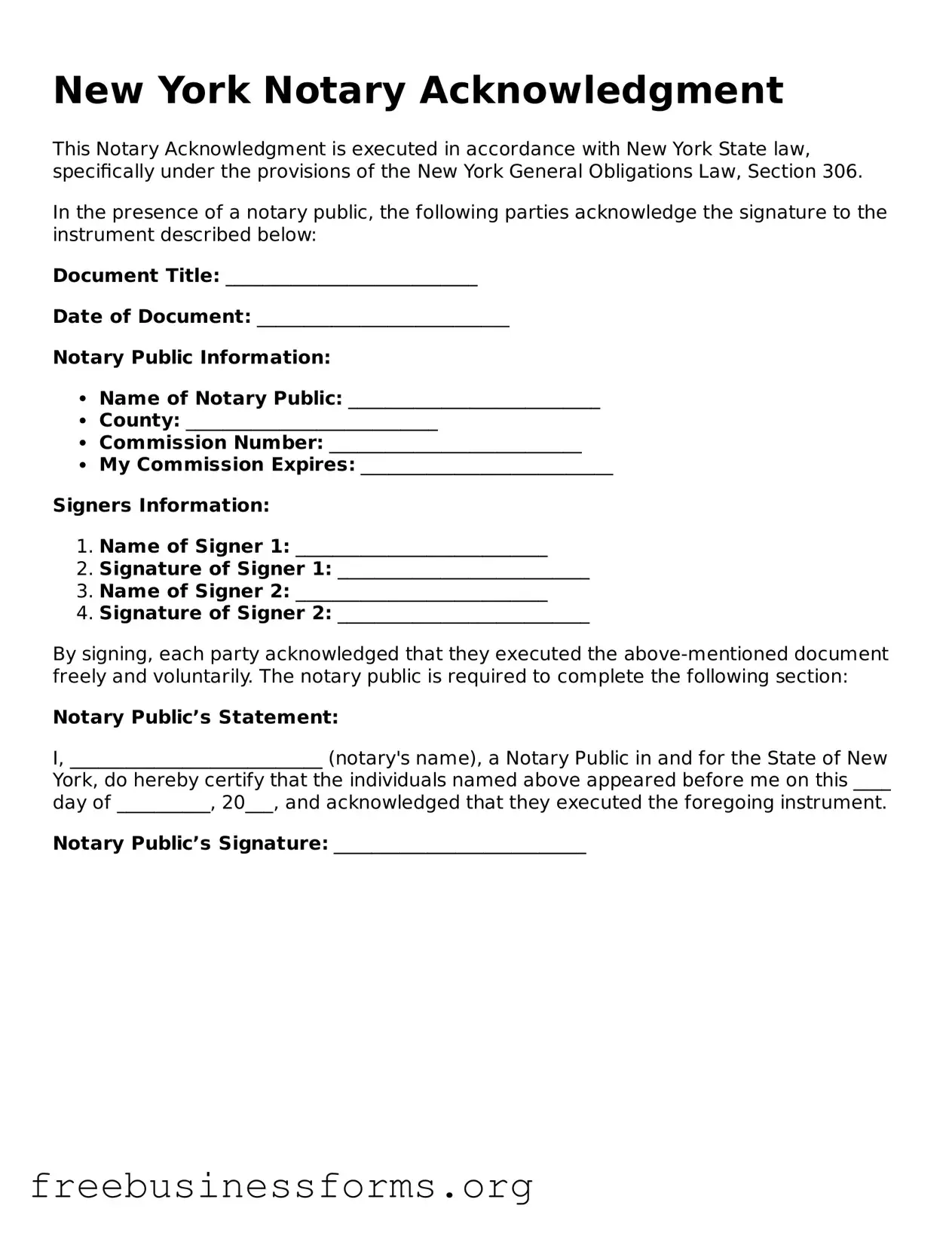 Blank  Notary Acknowledgement Template for New York