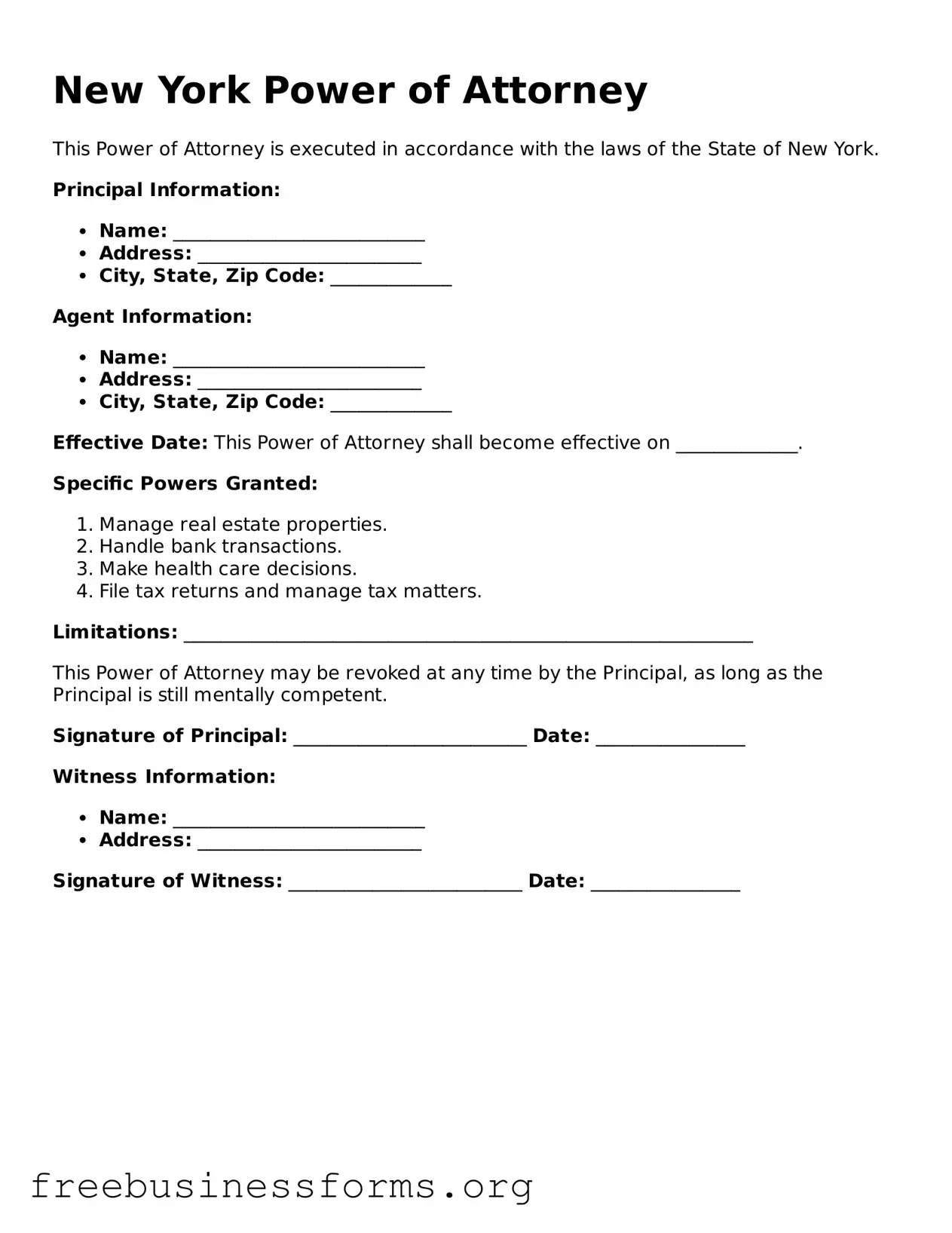 Blank  Power of Attorney Template for New York