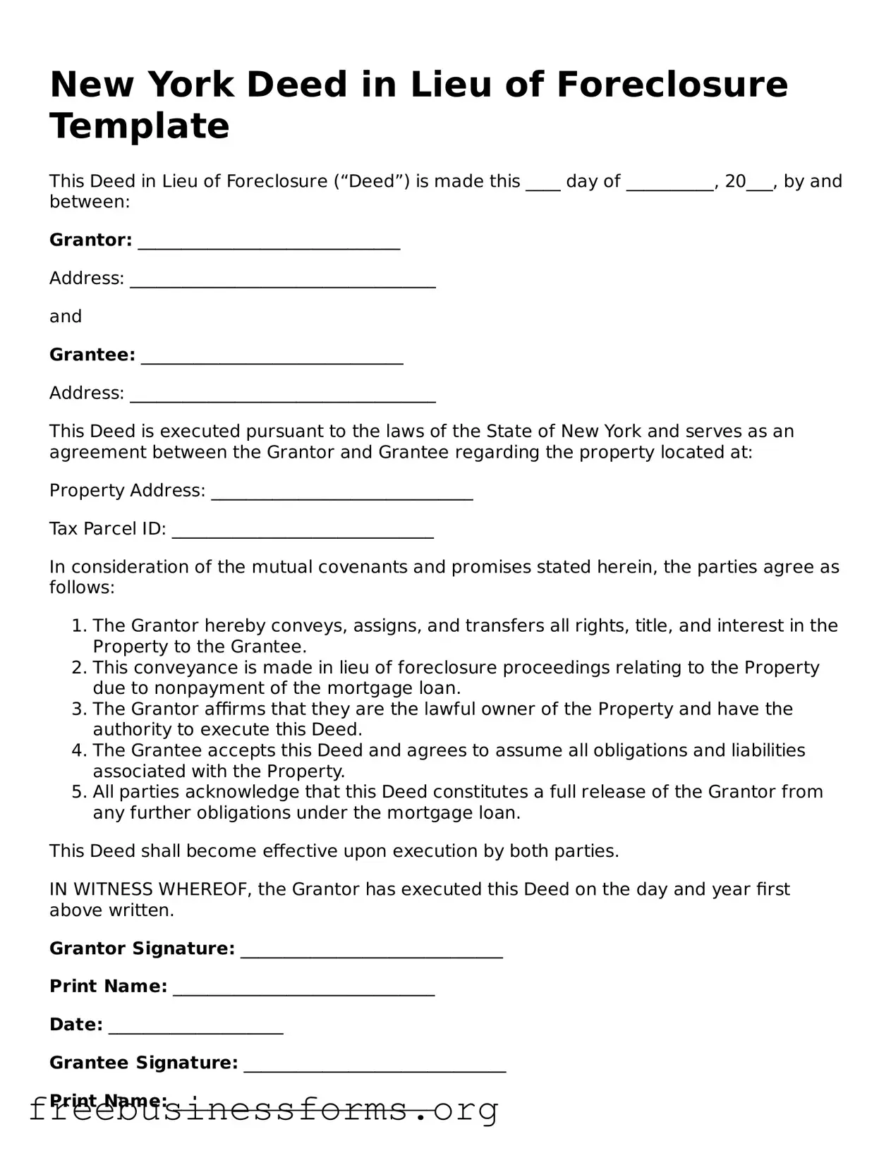 Blank  Deed in Lieu of Foreclosure Template for New York