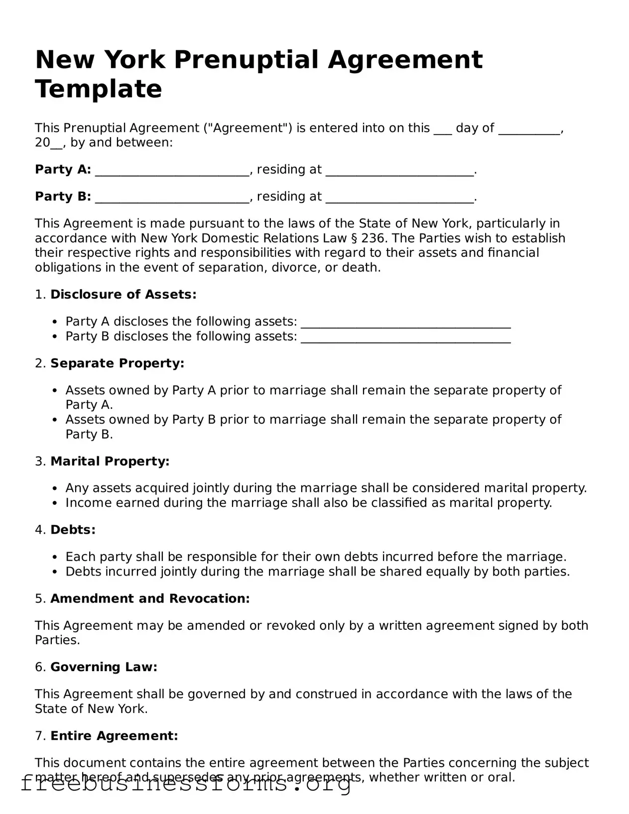 Blank  Prenuptial Agreement Template for New York