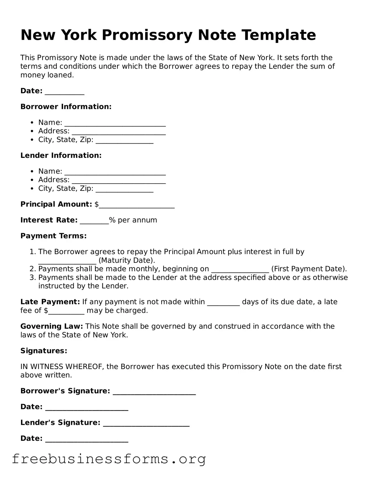 Blank  Promissory Note Template for New York