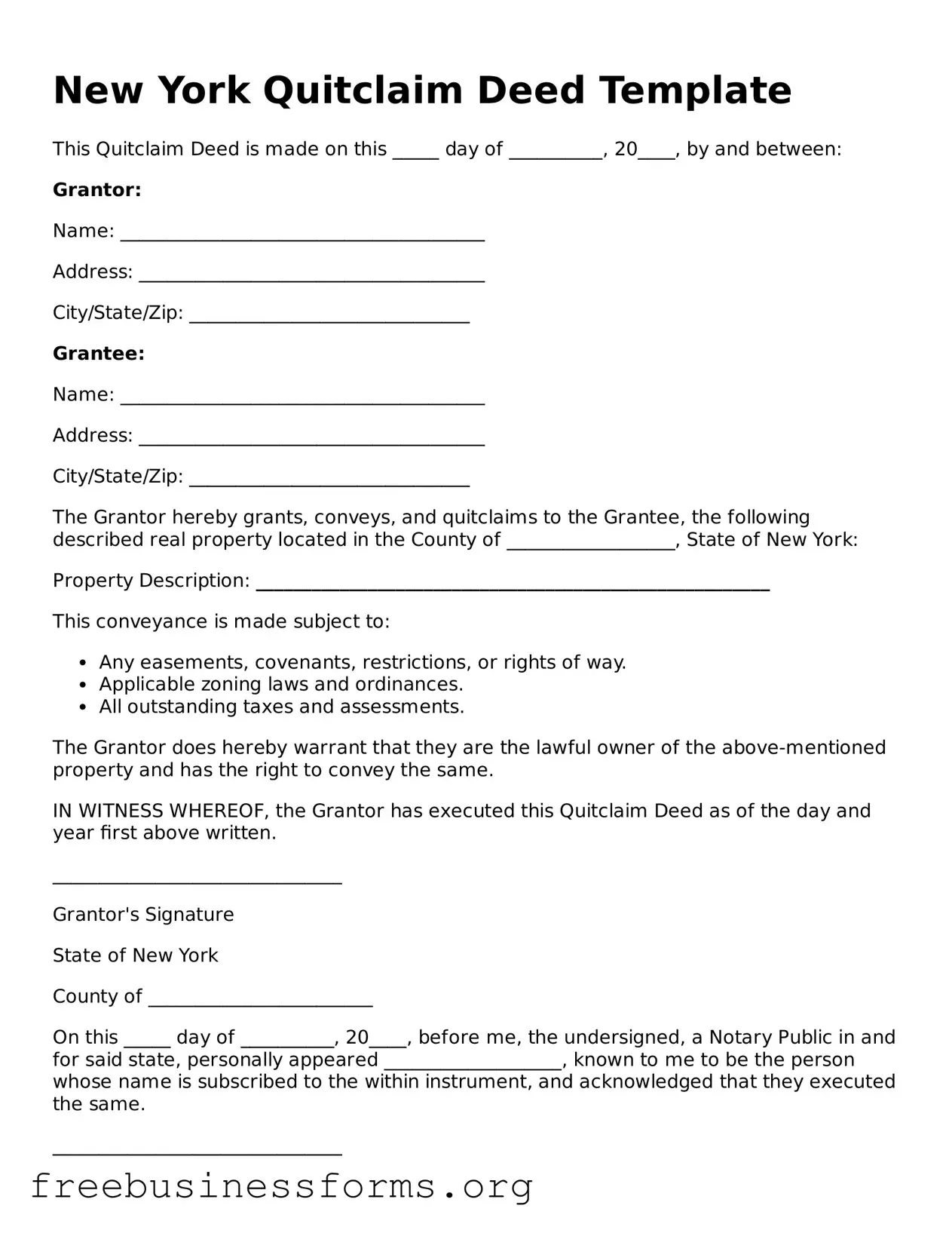 Blank  Quitclaim Deed Template for New York