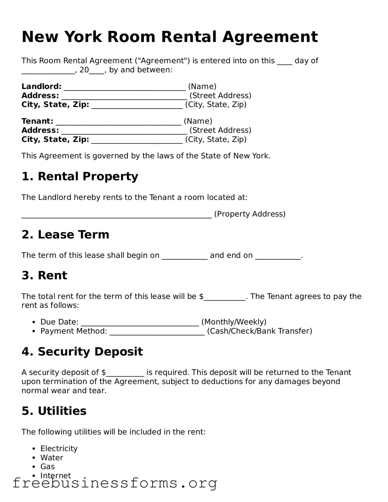 Blank  Room Rental Agreement Template for New York