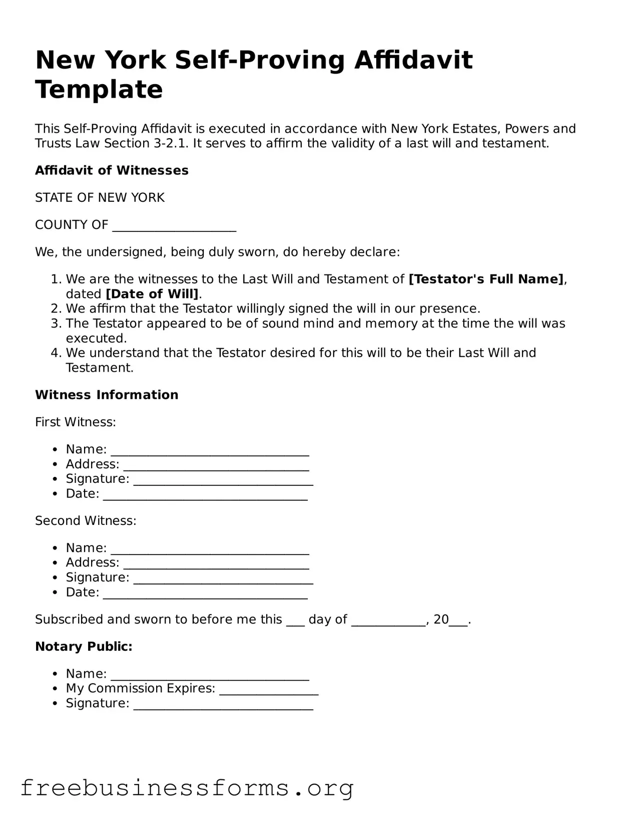 Blank  Self-Proving Affidavit Template for New York