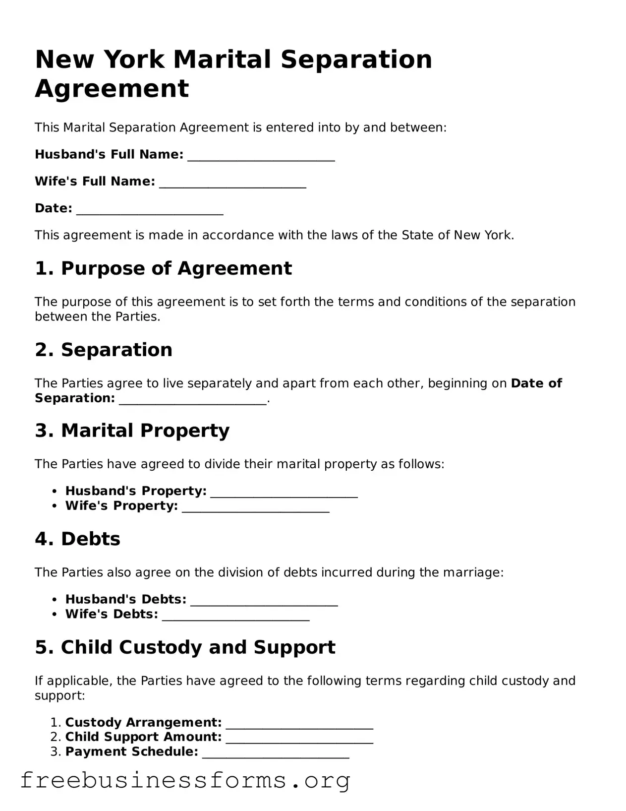 Blank  Marital Separation Agreement Template for New York