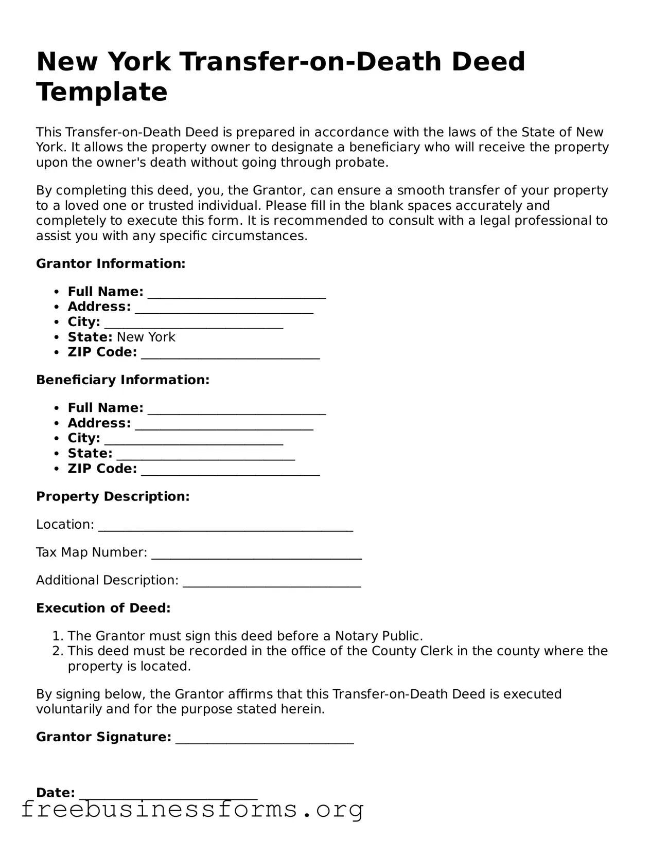 Blank  Transfer-on-Death Deed Template for New York
