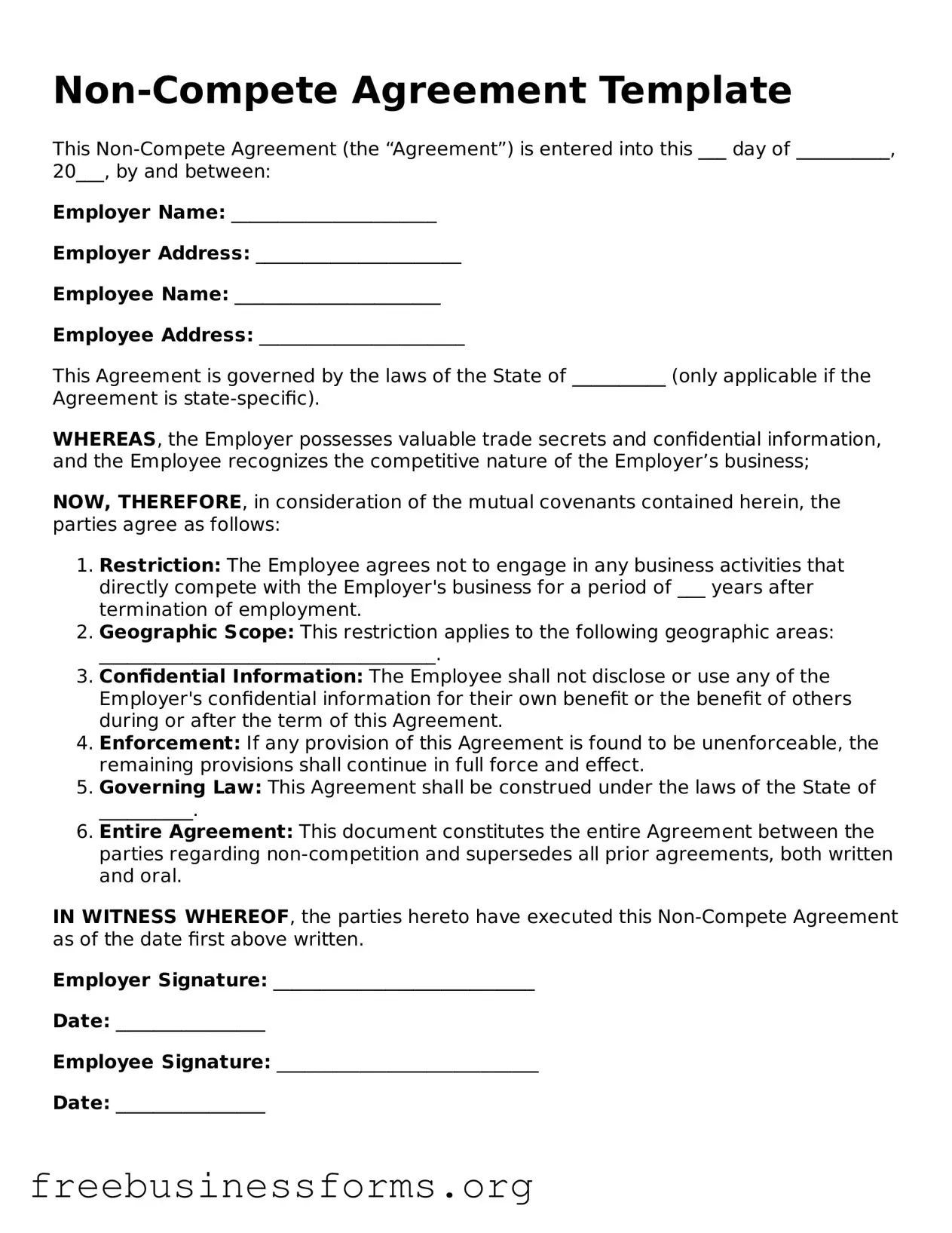 Official Non-compete Agreement Form