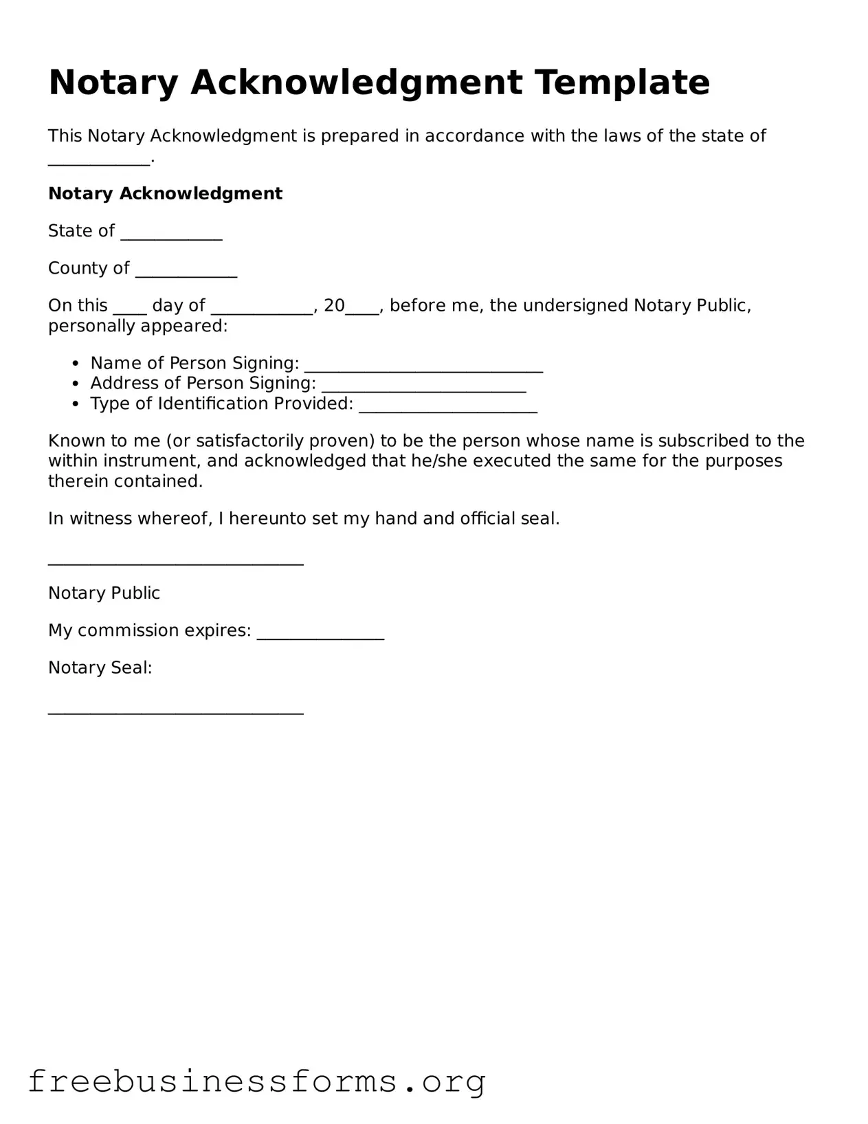 Official Notary Acknowledgement Form