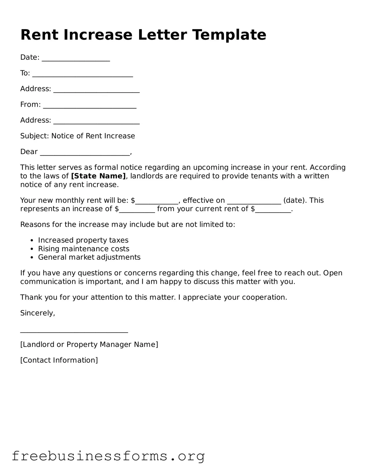 Official Rent Increase Letter Form