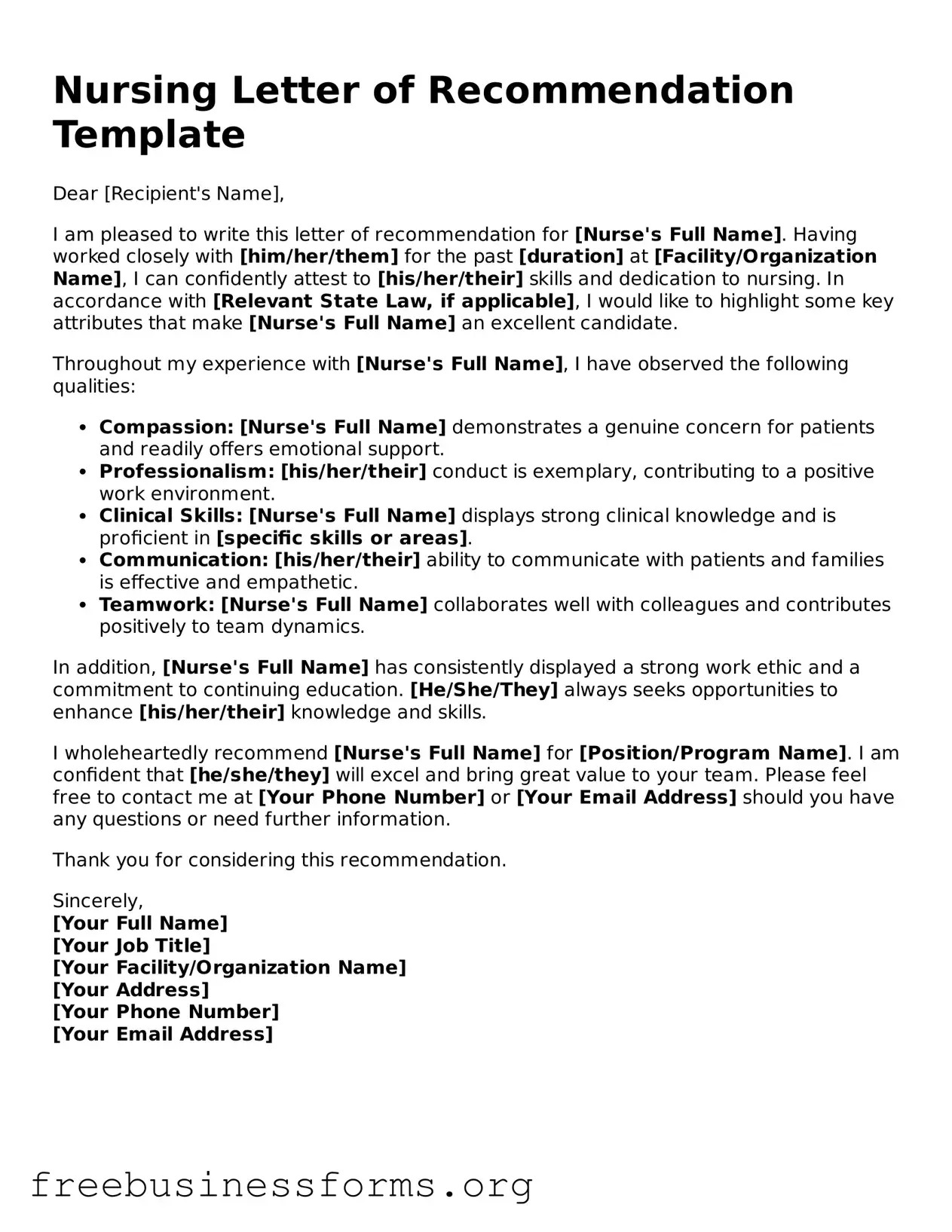 Official Nursing Letter of Recommendation Form