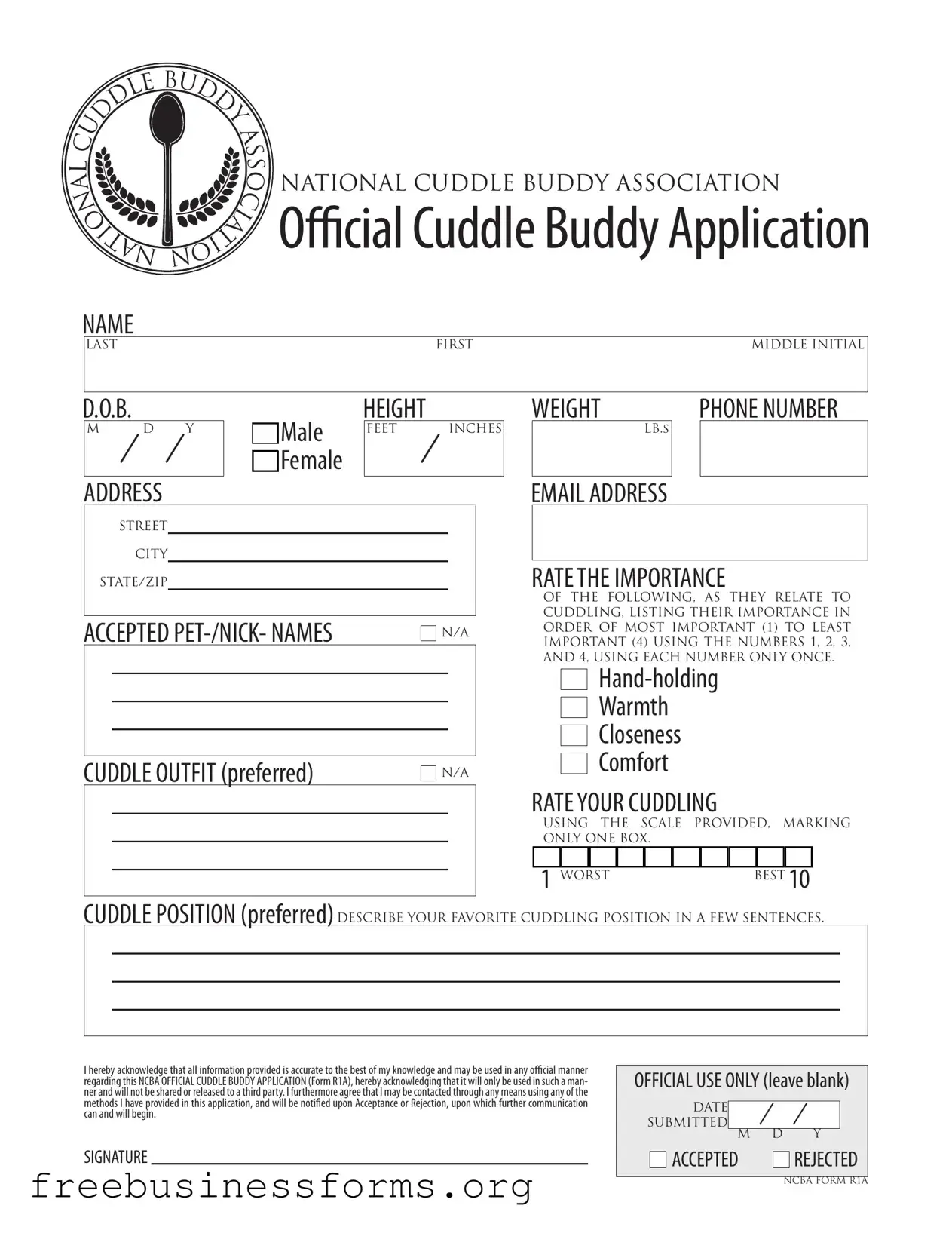 Official Cuddle Buddy Application Form in PDF