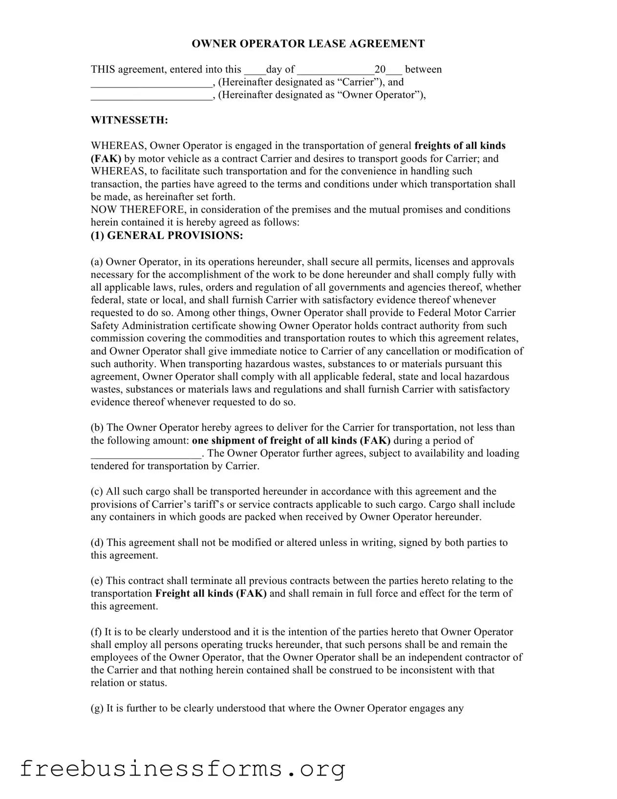 Official Owner Operator Lease Agreement Form in PDF