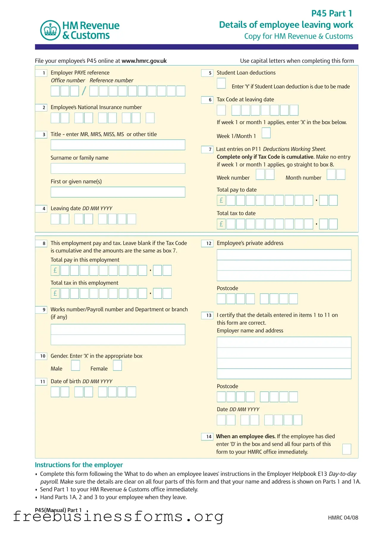 Official P 45 It Form in PDF