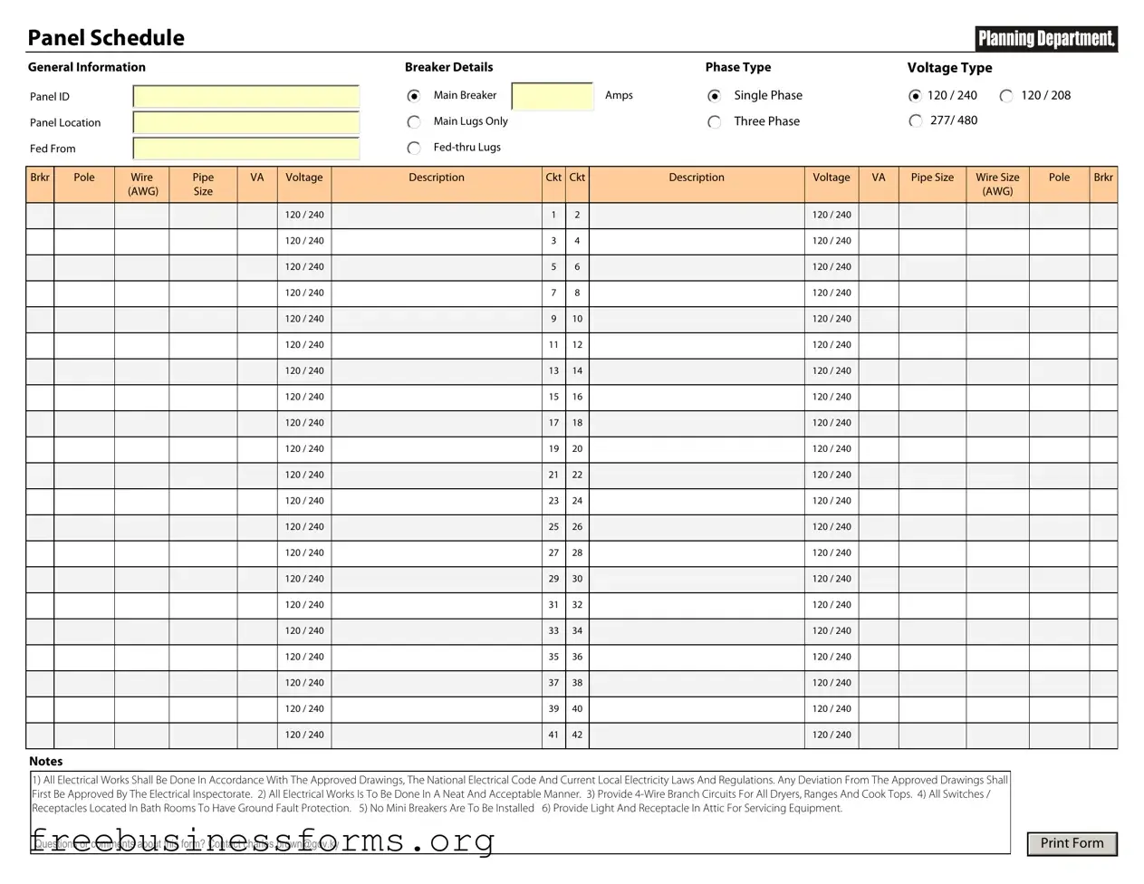 Official Electrical Panel Schedule Form in PDF