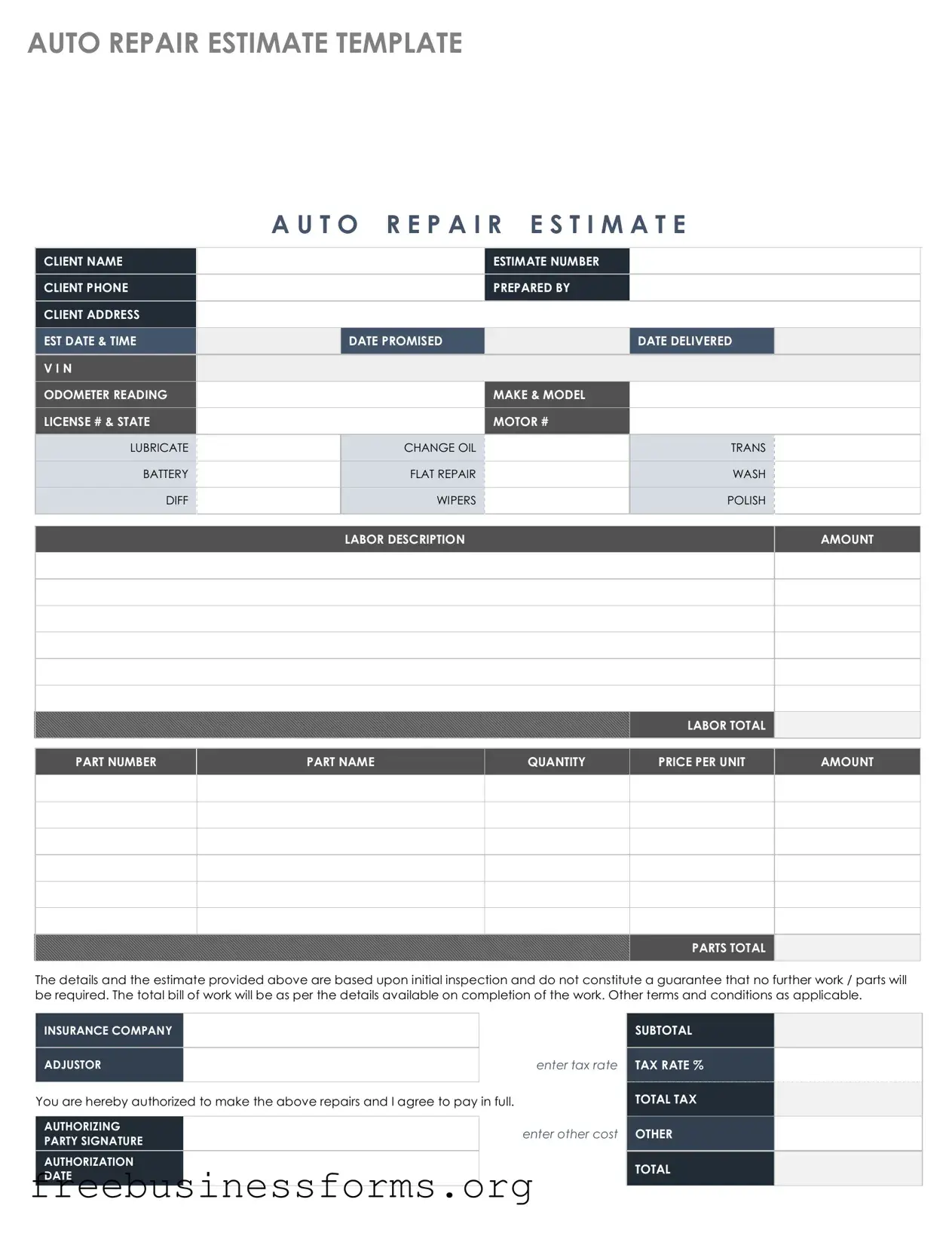 Official Auto Repair Estimate Form in PDF
