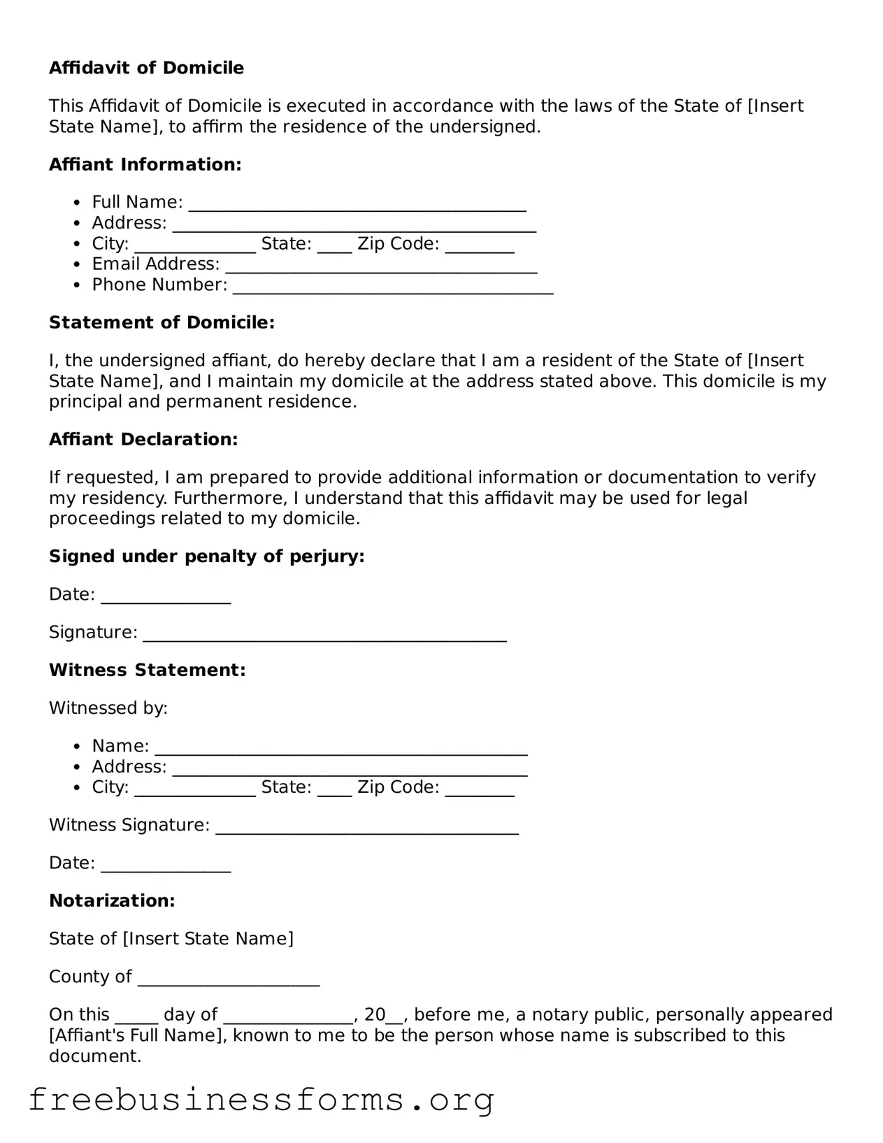 Official Affidavit of Domicile Form