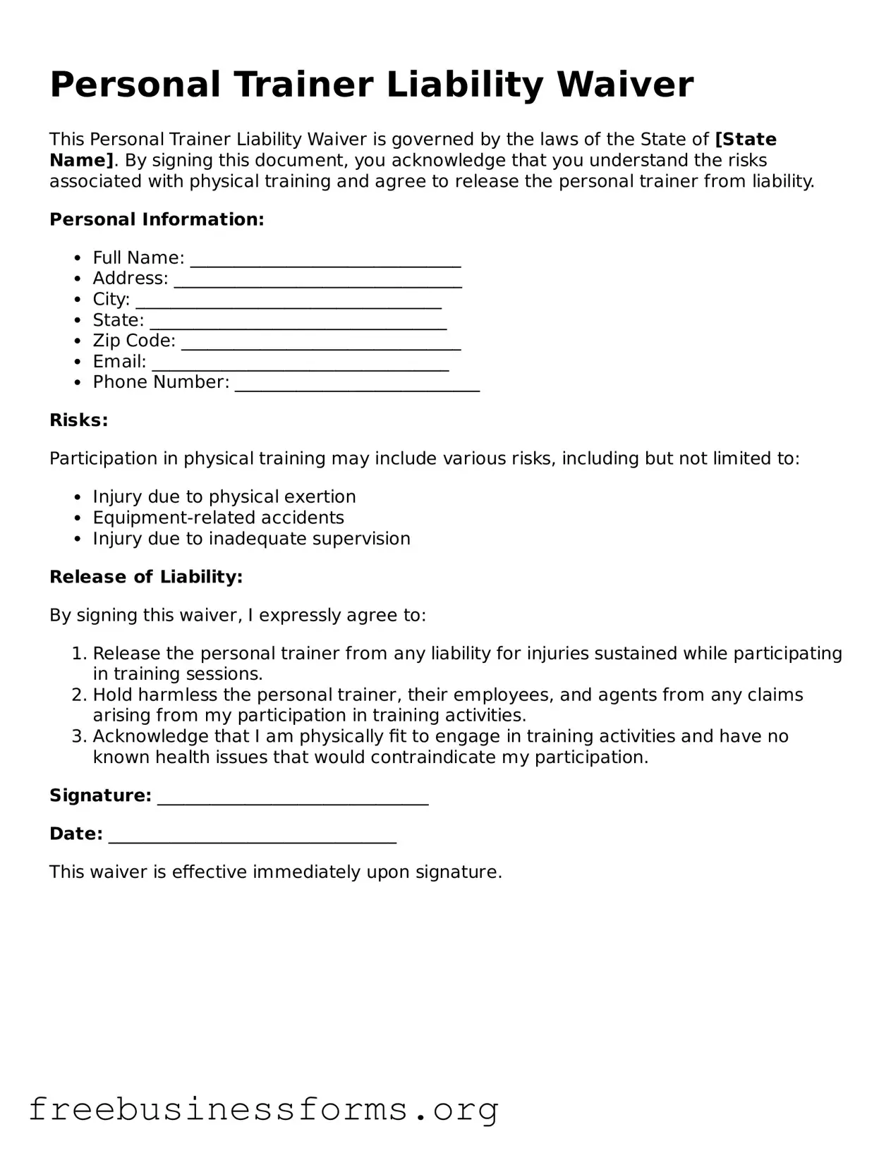 Official Personal Trainer Liability Waiver Form