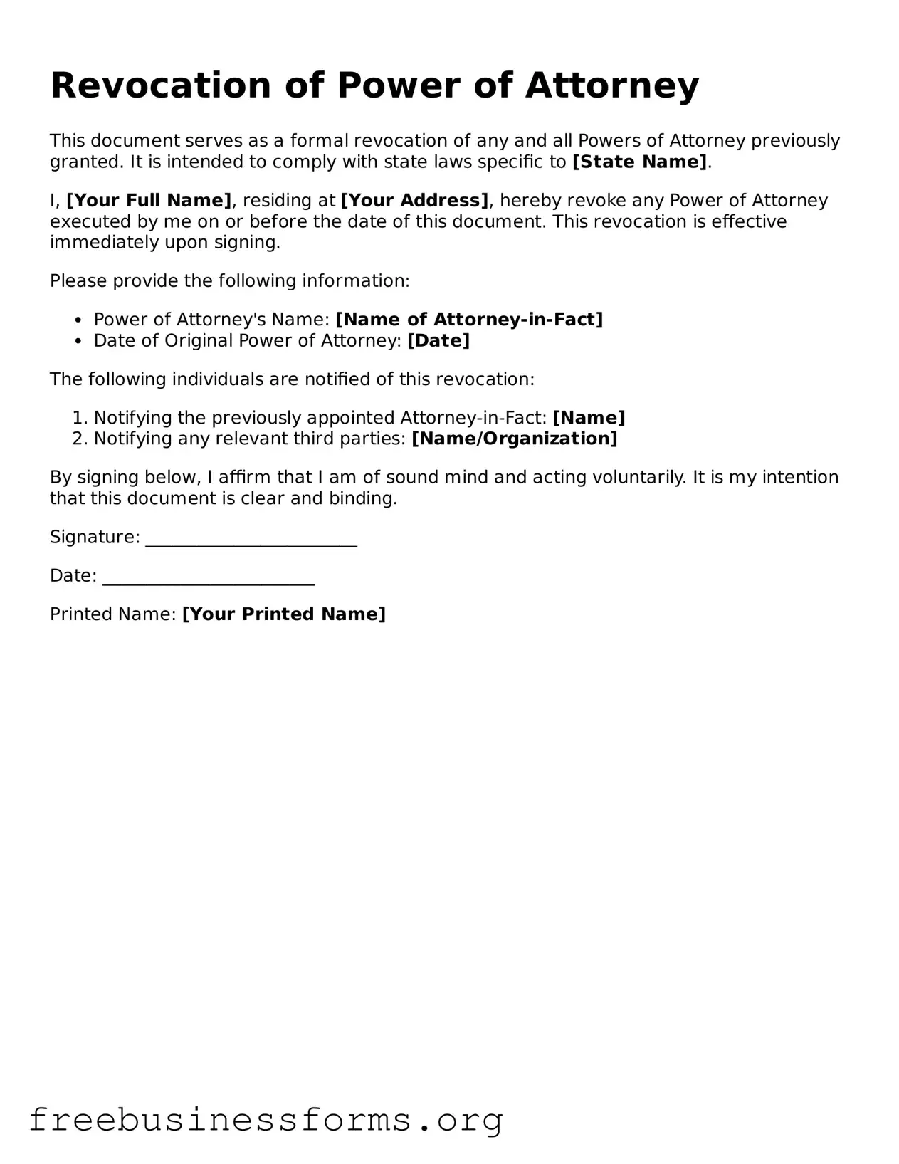 Official Revocation of Power of Attorney Form