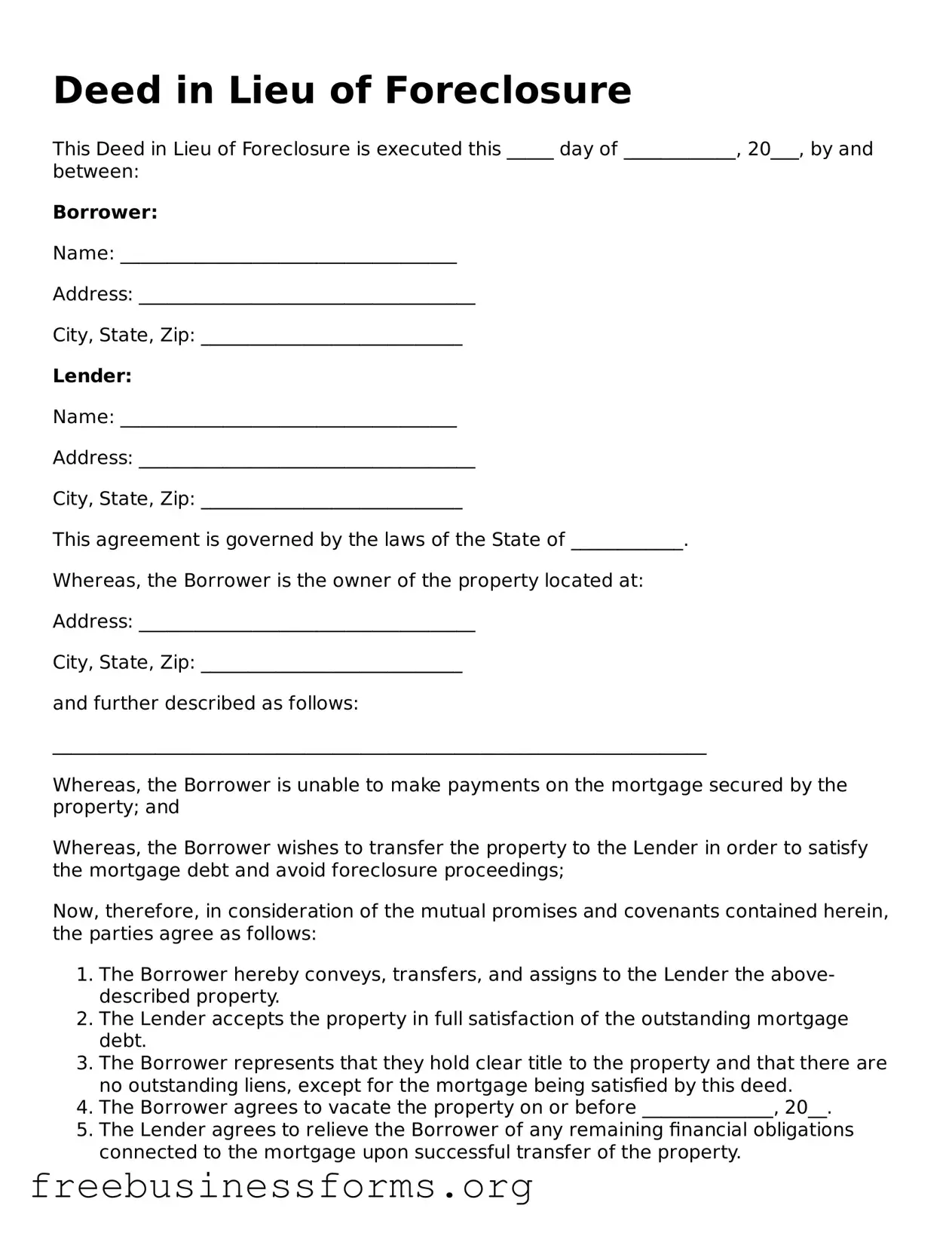 Official Deed in Lieu of Foreclosure Form
