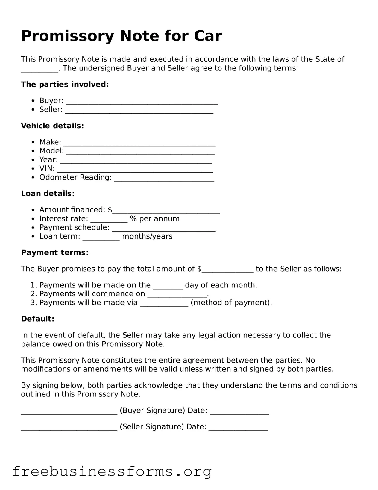 Official Promissory Note for a Car Form