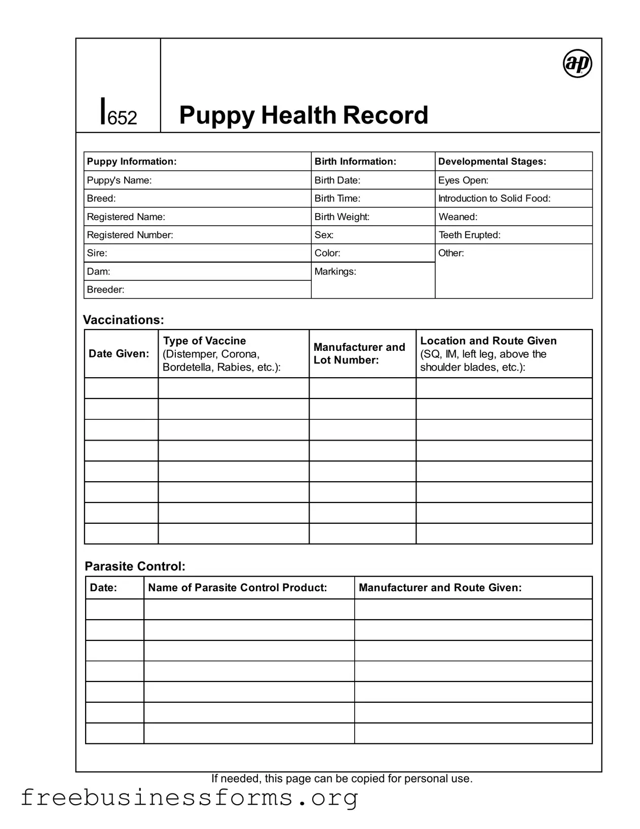 Official Puppy Health Record Form in PDF
