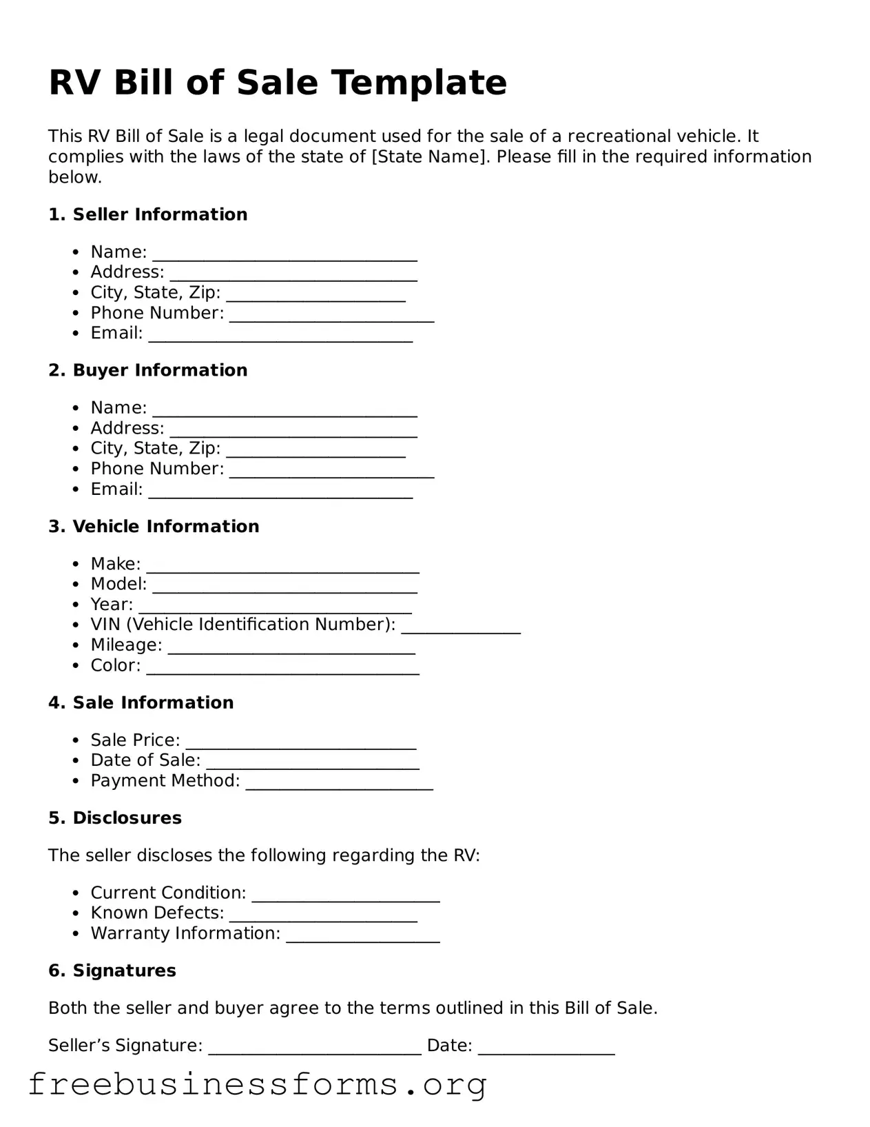 Official RV Bill of Sale Form