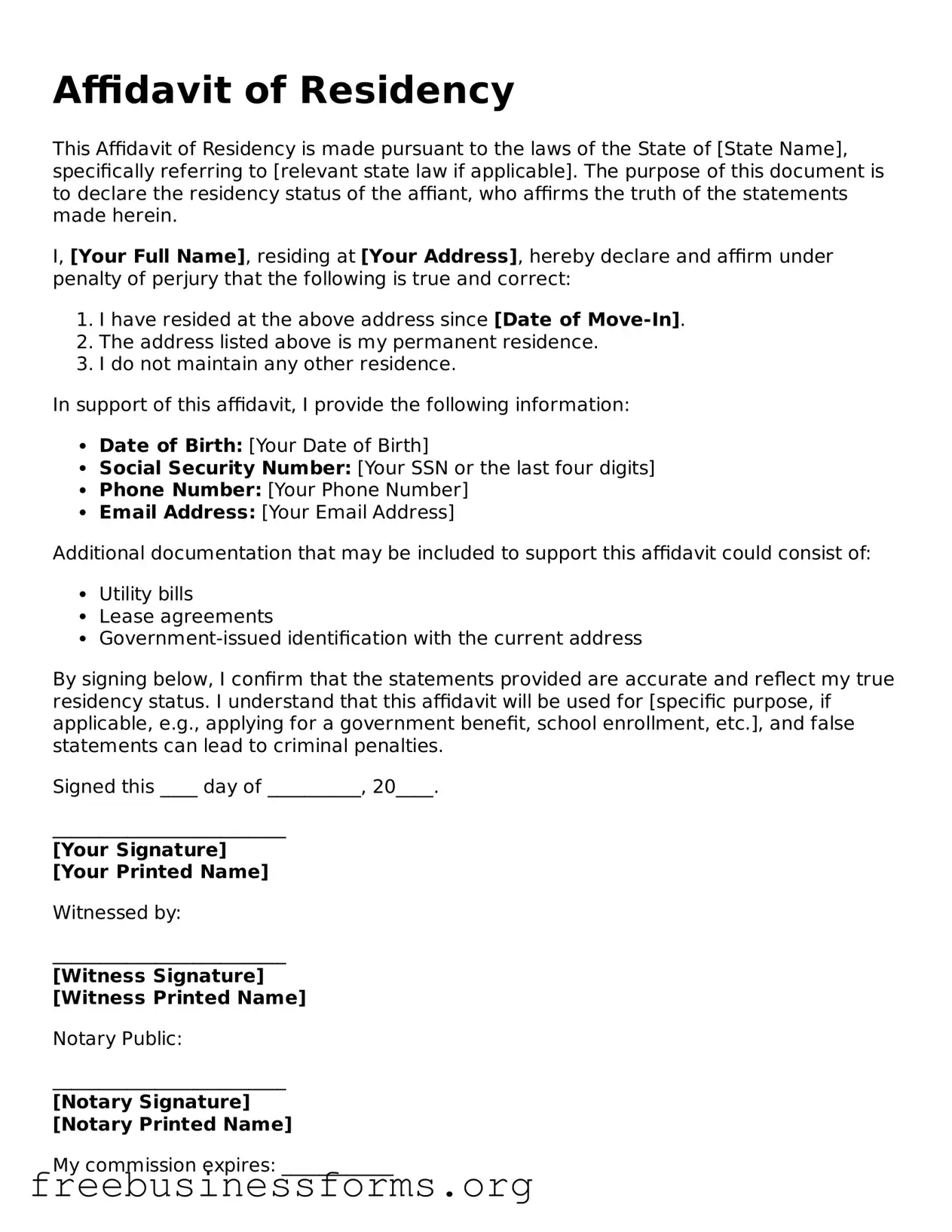 Official Affidavit of Residency Form