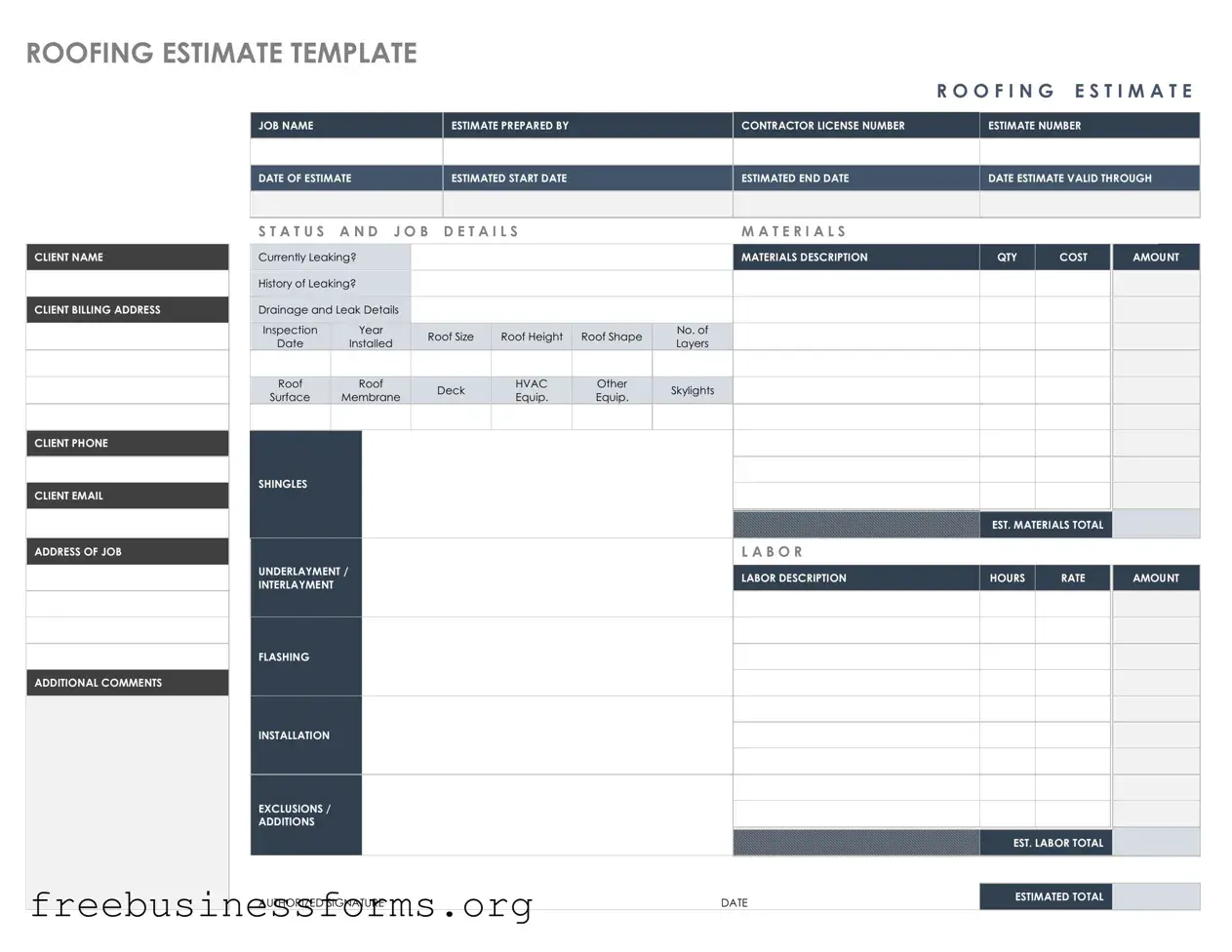 Official Roofing Estimate Form in PDF