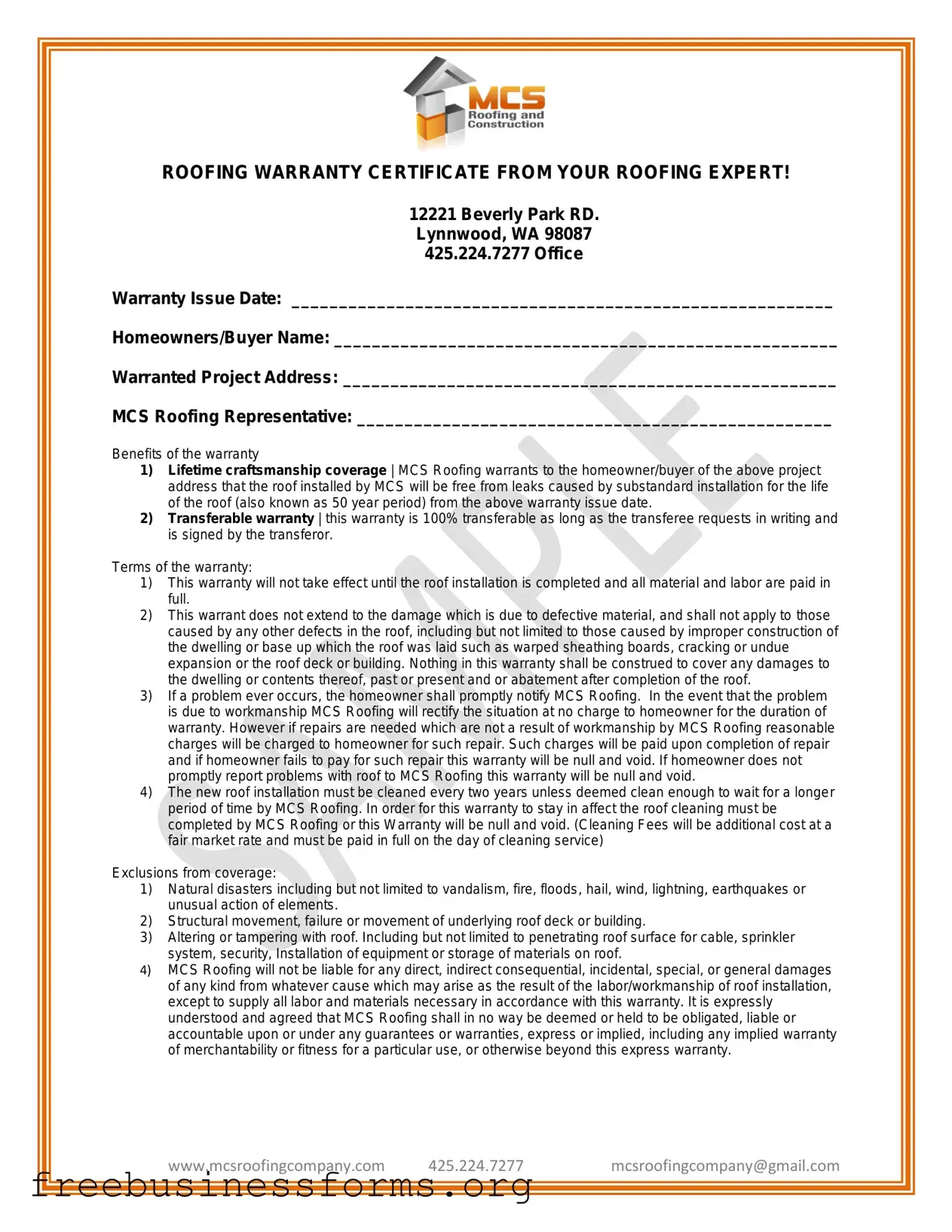 Official Roofing Warranty Certificate Form in PDF