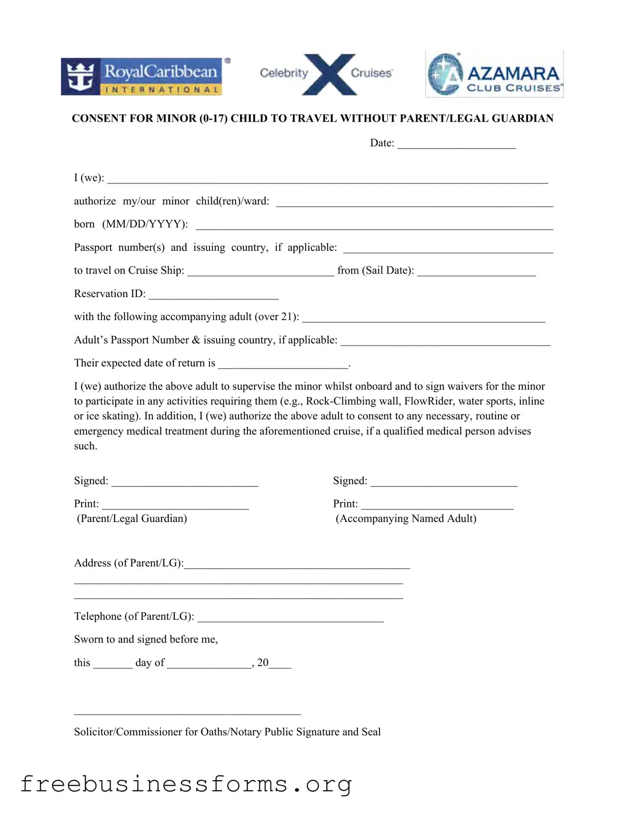 Official Royal Caribbean Parental Consent Form in PDF