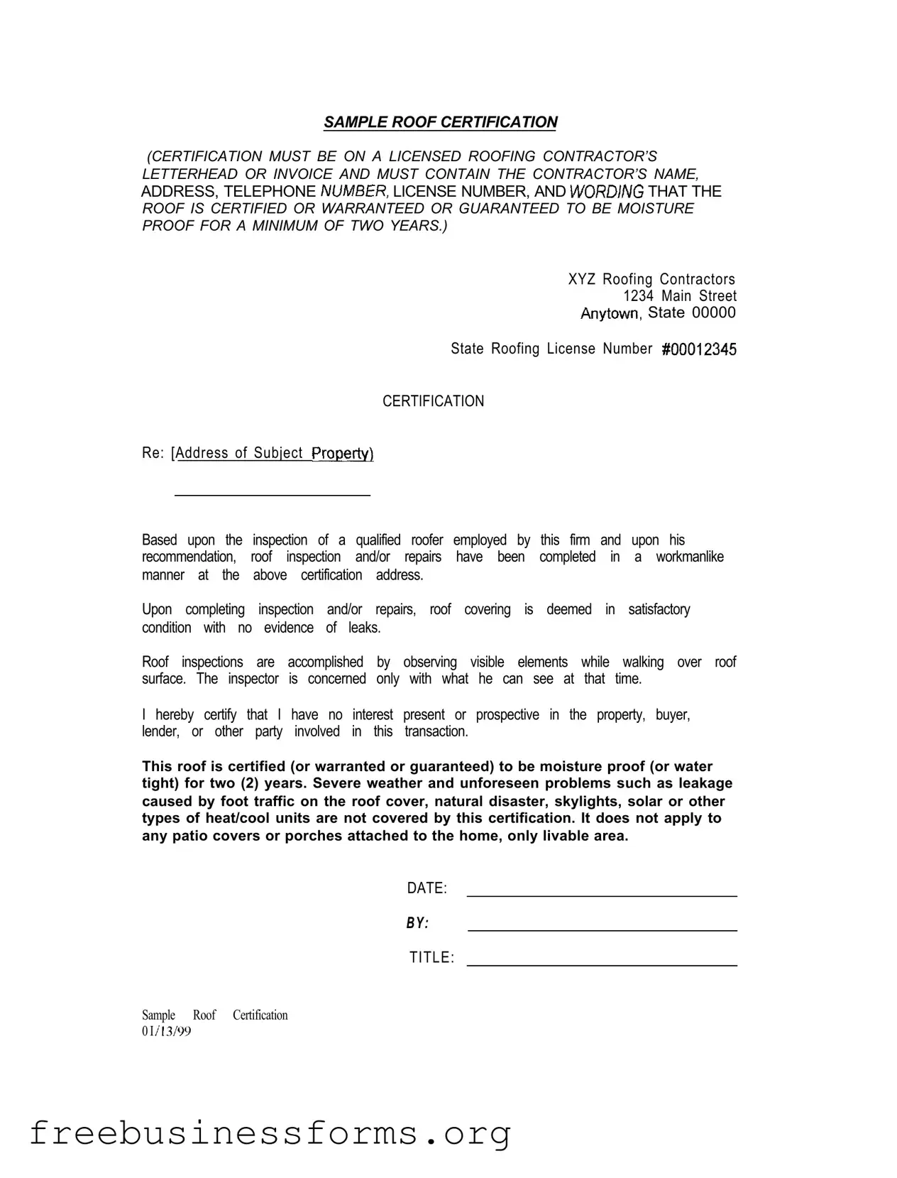 Official Sample Roof Certification Form in PDF