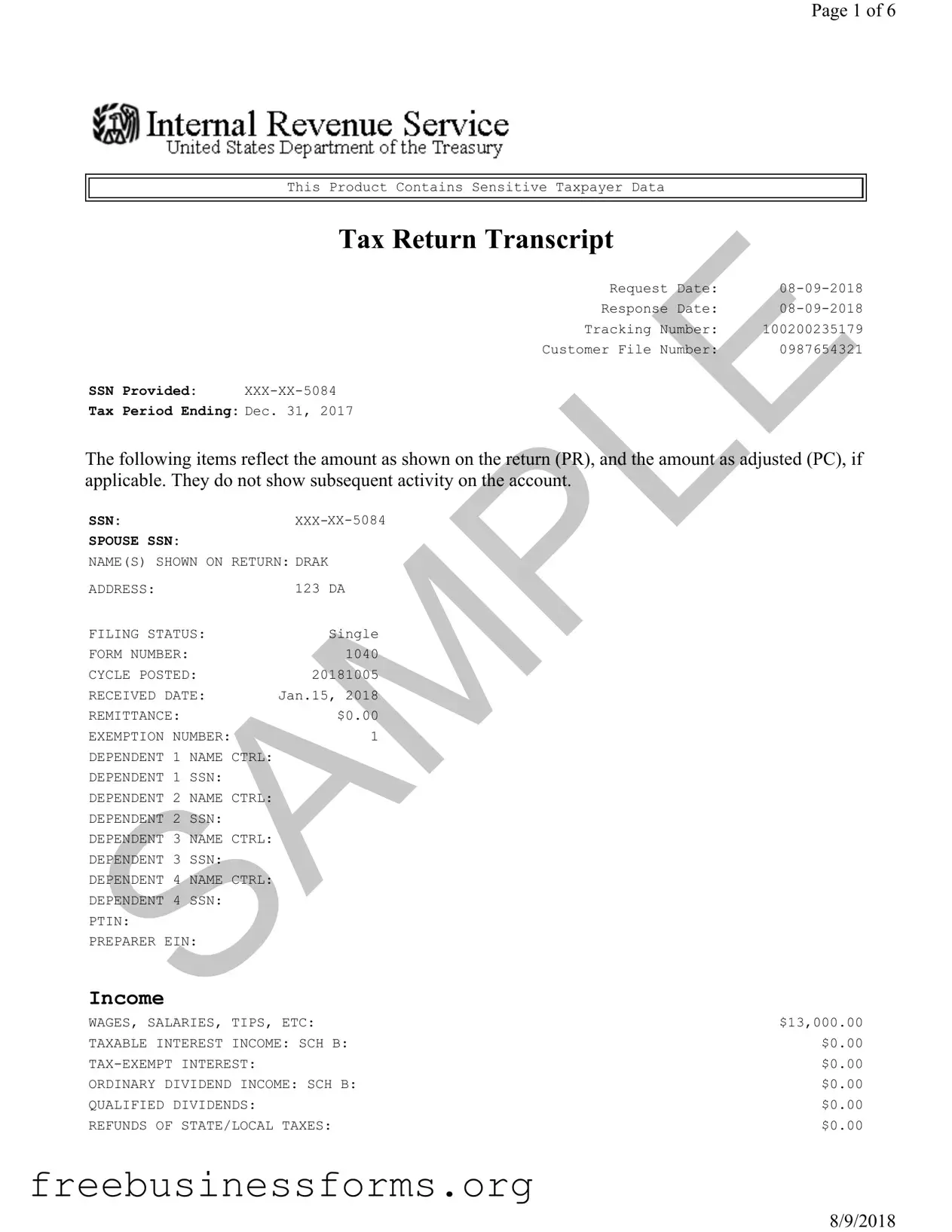 Official Sample Tax Return Transcript Form in PDF