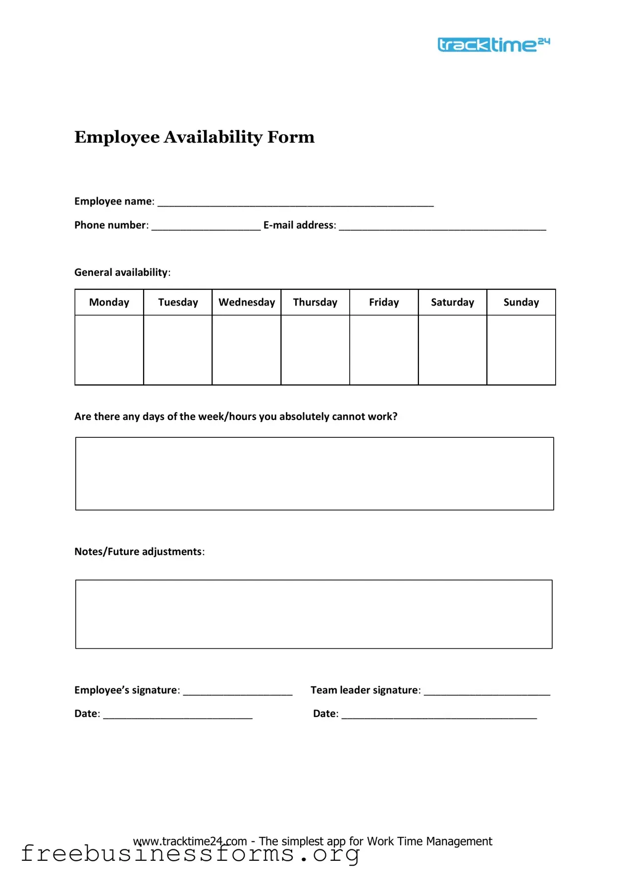 Official Employee Availability Form in PDF