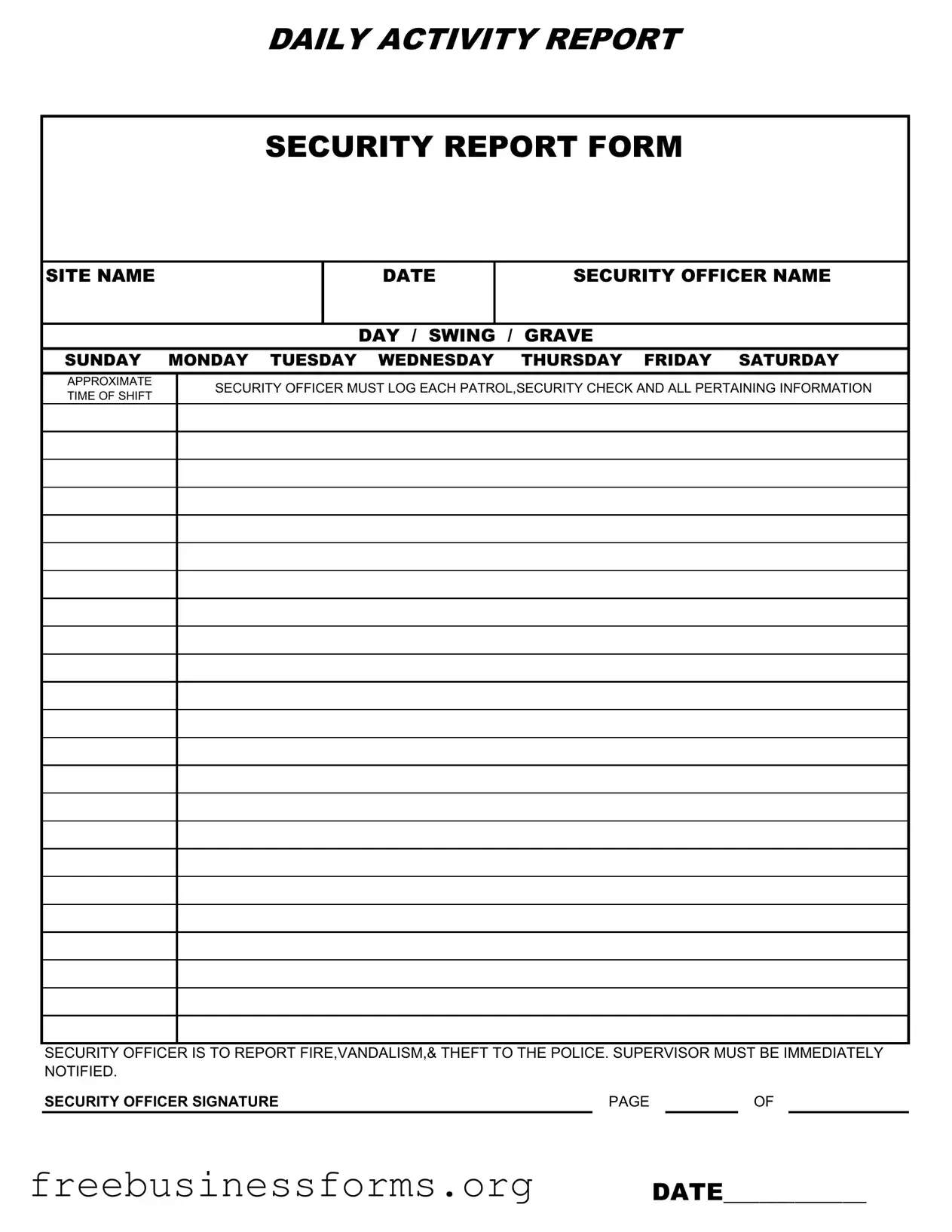 Official Security Guard Daily Report Sample Form in PDF