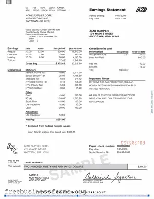 Official Adp Pay Stub Form in PDF