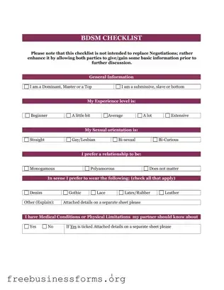 Official Bdsm Checklist Form in PDF