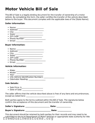 Official Motor Vehicle Bill of Sale Form