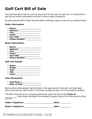 Official Golf Cart Bill of Sale Form