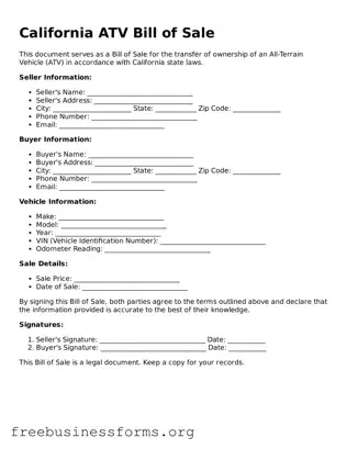 Blank  ATV Bill of Sale Template for California