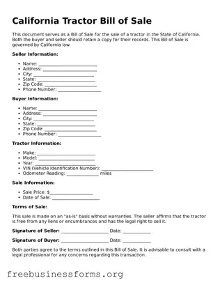 Blank  Tractor Bill of Sale Template for California