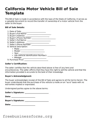 Blank  Motor Vehicle Bill of Sale Template for California