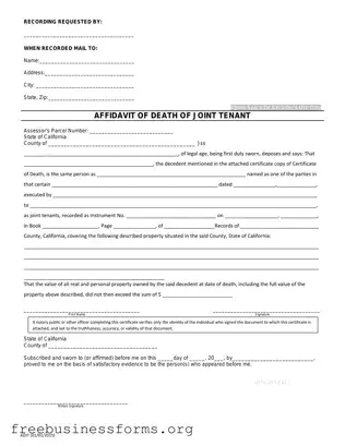 Official California Death of a Joint Tenant Affidavit Form in PDF