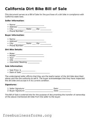 Blank  Dirt Bike Bill of Sale Template for California